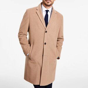 Tommy Hilfiger Men's Addison Wool Blend Trim Fit Overcoat- Camel Color Size 48L